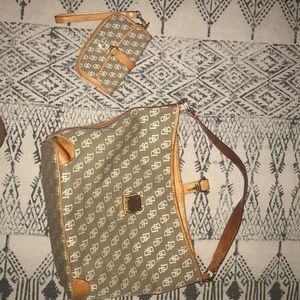 Brown and cream Downey and Bourke purse and wallet